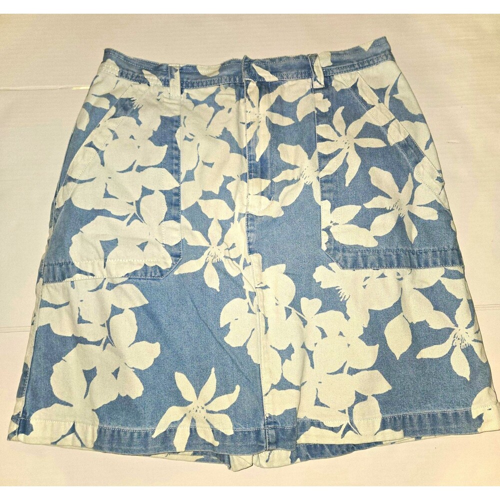Gloria Vanderbilt Womens Size 8 Blue White Floral Denim Skort Cotton